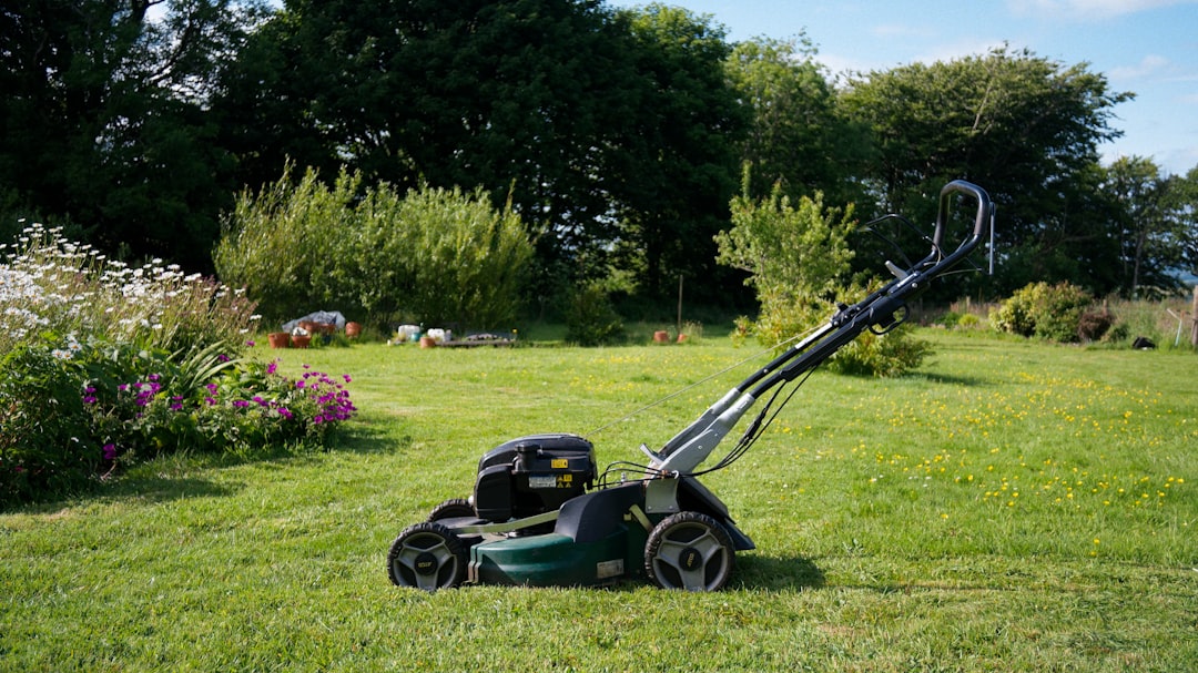 A lawnmower on a freshly cut garden lawn